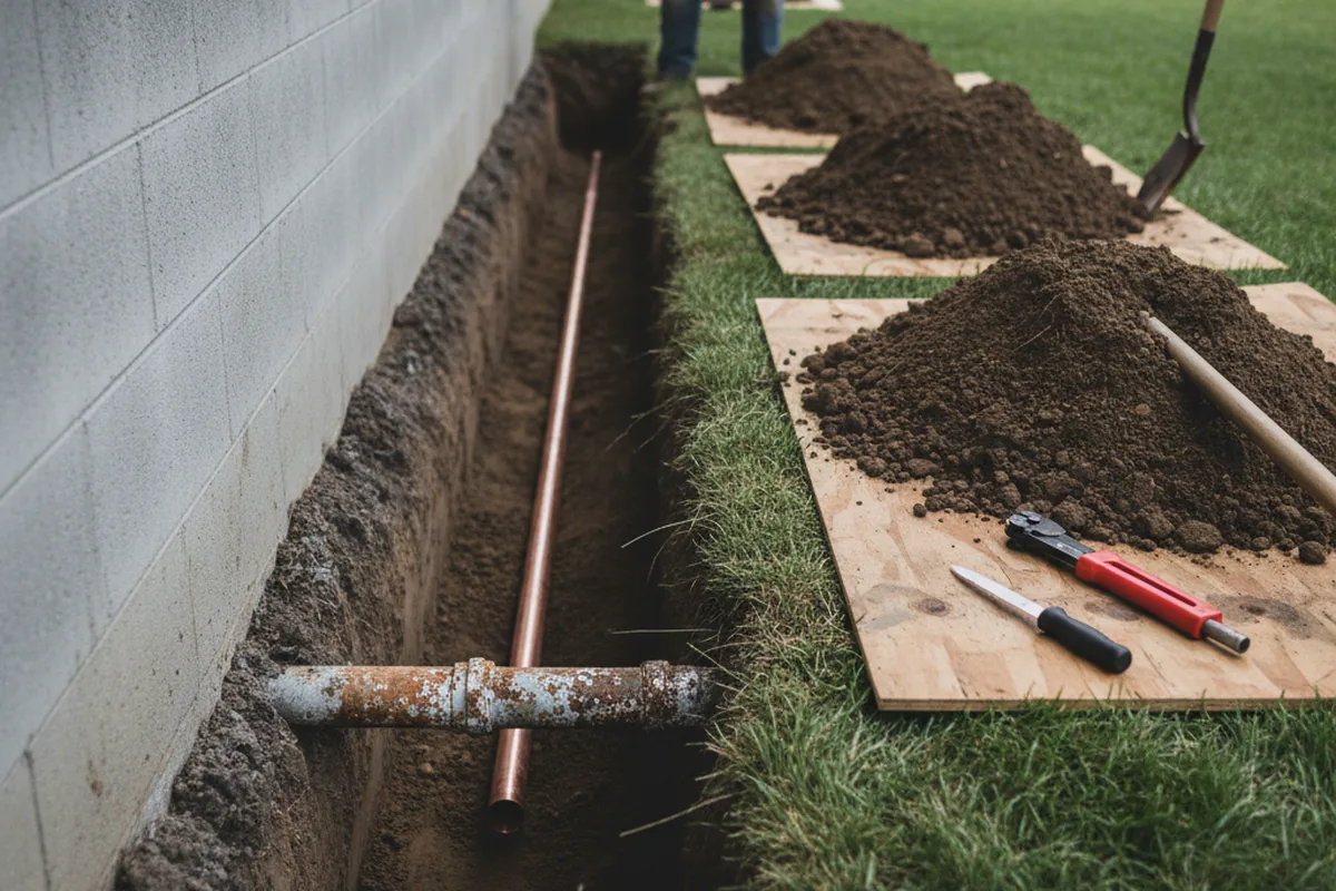 Excavated water line trench during Sewer Line Repair in Youngsville